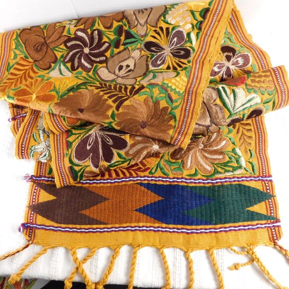 Floral Silk Embroidered Table Runner, Gold Brown Fall Autumn Fringe 90"x17" - Picture 1 of 12